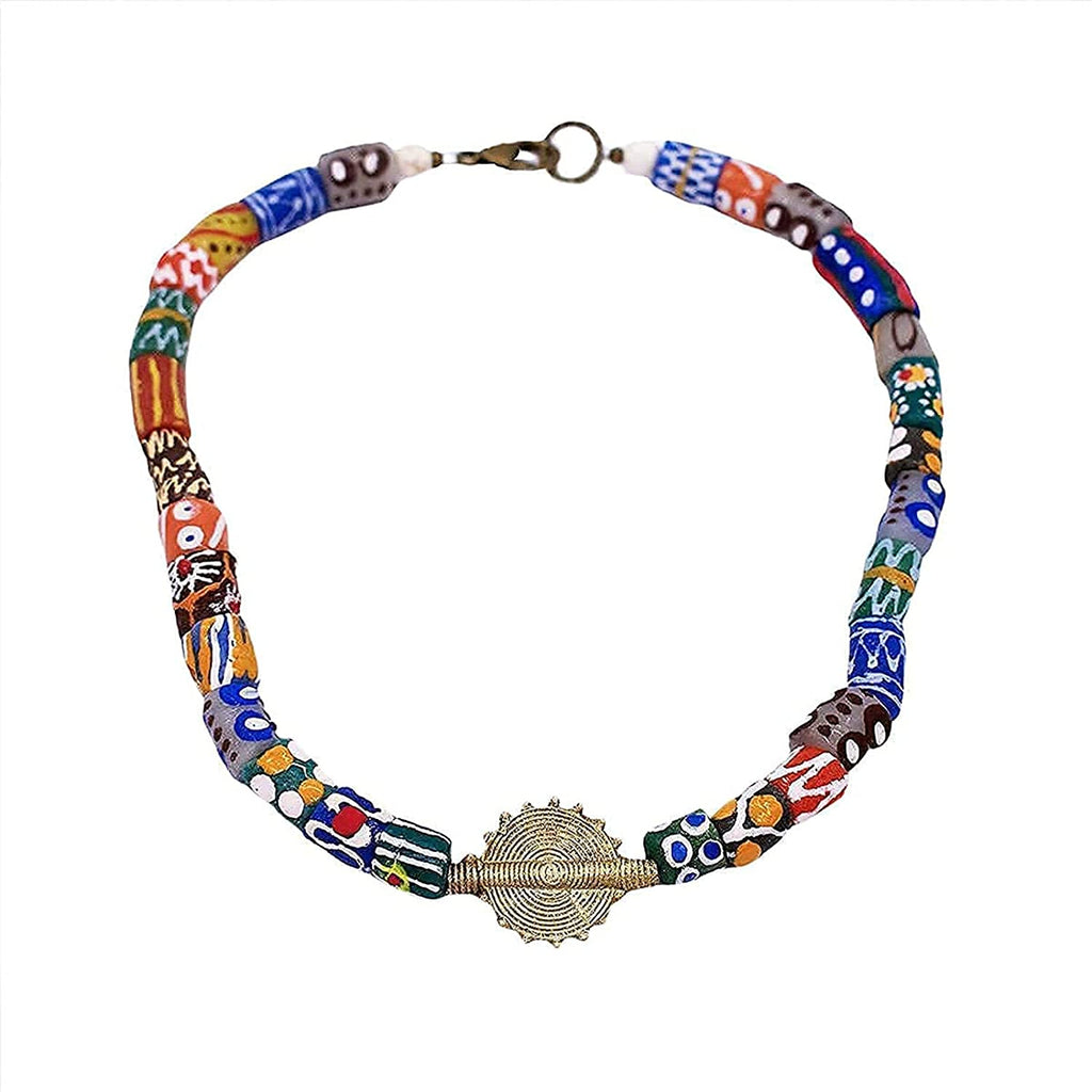 Men'S Krobo Glass Bead Necklace W/Sun Baule from Ghana 