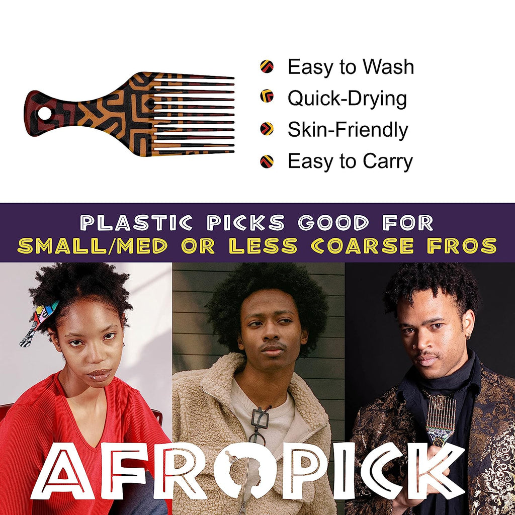 Anti-Static Plastic Black Hair Pick for Natural Curly Long Thick Hair- Afro Pick Comb for Men, Women- African Artist Designs (Tribe)