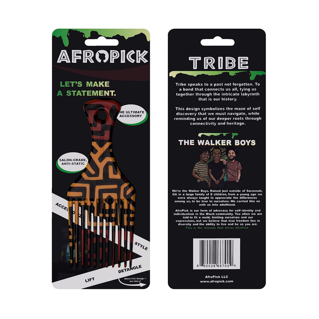 Anti-Static Plastic Black Hair Pick for Natural Curly Long Thick Hair- Afro Pick Comb for Men, Women- African Artist Designs (Tribe)
